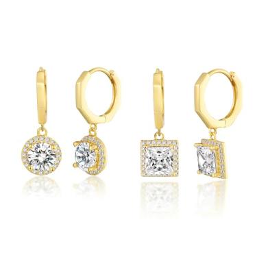 Imagem de MDFUN Brincos de argola com pingente de auréola banhado a ouro branco 18 quilates, redondo, princesa, coração, corte em gota, zircônia cúbica transparente para mulheres, Ouro amarelo, Zircônia cúbica