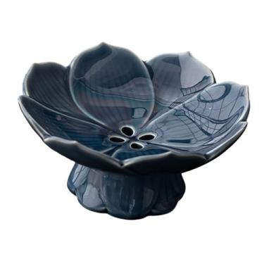 Imagem de IEUDNS Fruteira de cerâmica com pedestal de lótus e recipiente multiuso para drenagem de vegetais, prato de drenagem para restaurante, mesa central de casa, Azul