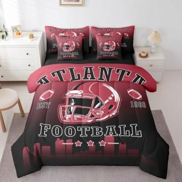 Imagem de Erosebridal Jogo de cama solteiro de futebol americano, 7 peças, futebol americano, cidade, rugby, para crianças, adolescentes, adultos, vermelho, preto, bola esportiva, jogo de cama (Atlanta)