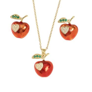 Imagem de Colar delicado com pingente de coração de maçã vermelha e brincos fofos conjunto de joias para mulheres banhado a ouro 18 K moderno cristal verde folha frutas pingentes corrente de elos ajustável