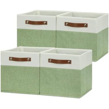 Imagem de Cestas HNZIGE quadradas de armazenamento para organização, de tecido, com alças, dobráveis, para prateleiras, casa, brinquedos, closet e berçário, 28 x 28 cm, 4 unidades (verde e branco)