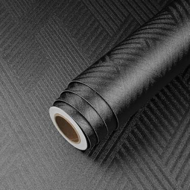 Imagem de LACHEERY Papel de parede preto moderno para banheiro 40 x 701 cm papel de parede texturizado preto fosco listras geométricas à prova d'água papel de contato removível para armários quarto papel de