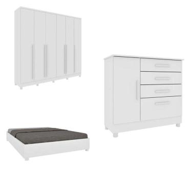 Imagem de CONJUNTO GUARDA ROUPA CASAL COM PUXADOR MDF PORTUGAL COM PÉS CAMA CASAL E CÔMODA ESPRESSO MÓVEIS Neve/Neve