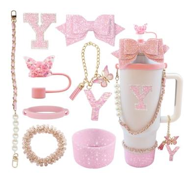 Imagem de Conjunto de 8 peças de acessórios para copo Stanley de 30 e 1,8 g com alça, incluindo topo de palha, bota, alça de alça de garrafa de água, decoração de arco de palha, pulseiras, pingente de letra