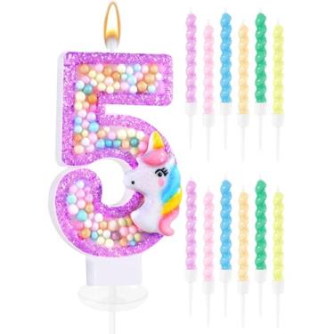 Imagem de Swooflia Vela de aniversário número 5 para bolo - velas a granel para meninas de 5 anos fofas decorações de festa roxas
