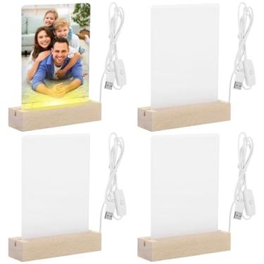 Imagem de Homaisson 4 molduras acrílicas de sublimação para fotos, painéis de luz LED de 12,7 x 18 cm com base de madeira, luz noturna amarela quente alimentada por USB, impressão à máquina de prensa térmica