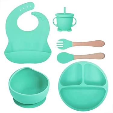 Imagem de Kit Refeição Infantil com 6 Peças em Silicone Antiderrapante Inclui Prato Tigela Copo Talheres e Babador Ajustável (Verde Água)