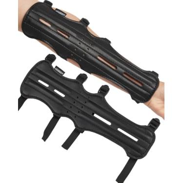 Imagem de TOPARCHERY Protetores de braço de 30 cm para tiro com arco e flecha, protetor de braço longo de couro de vaca com 4 tiras ajustáveis para tiro e caça ao alvo (Preto)