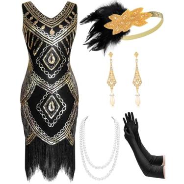 Imagem de Mukum Vestido feminino melindrosa anos 20, vintage, com franjas, com lantejoulas, ótimo Gatsby, conjunto de vestidos anos 20 para festas de Natal, Preto, dourado, P