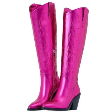 Imagem de Erocalli Botas de caubói femininas cowgirl, cano alto, botas metálicas com bico amêndoa bordado, meio zíper, botas ocidentais, 1 rosa metálico, 35