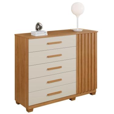 Imagem de Cômoda Paris 5 Gavetas 1 Porta Ripada 2 Prateleiras Cinamomo Off