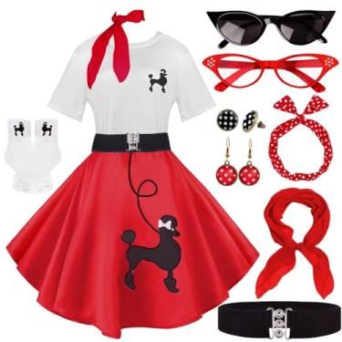 Imagem de VillbeCoser Conjunto de 10 peças de roupas femininas Sock Hop, saias Poodle dos anos 1950, camiseta Poodle com acessórios dos anos 50, cachecol, faixa de cabeça, cinto, meias e brincos de óculos
