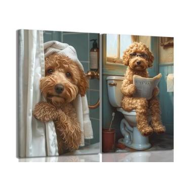 Imagem de Conjunto de arte de parede em tela Yaneiro Funny Bathroom Poodle Golde