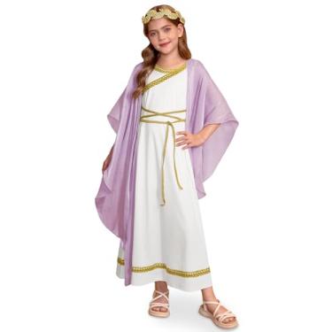 Imagem de BesserBay Vestido grego de Halloween Toga elegante Goddes para meninas de 4 a 12 anos, Branco e roxo, 10 Anos