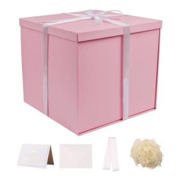 Imagem de UoeRing Caixa de presente grande com tampa, 30 x 30 x 28 cm, caixas de presente rosa para aniversários, dia dos namorados, dia das mães, Natal com envelope de cartão de fita e enchimento de papel