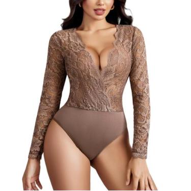 Imagem de Bodysuit feminino Avidlove, manga comprida, decote em V, renda, linger