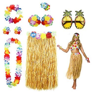 Imagem de PHOGARY Pacote com 8 kit de fantasia de saia Hula para festa de luau no Havaí - Hula dançante com top de biquíni floral, havaiana Lei, Amarelo colorido, Tamanho Único
