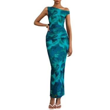 Imagem de Vestido maxi feminino PRETTYGARDEN floral de um ombro azul GG