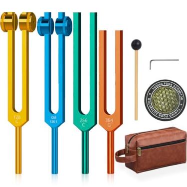 Imagem de Diapasões coloridos de ressonância atualizados para conjunto de cura - Conjunto de diapasão ponderado e não ponderado incluindo 128Hz, 136Hz, 256Hz, 384Hz e ativador de disco de hóquei - Instrumentos