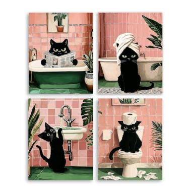 Imagem de Frimeeme Impressões de arte de parede de banheiro de gato preto, conjunto engraçado de decoração de banheiro com 4 pôsteres sem moldura, 20 x 25 cm