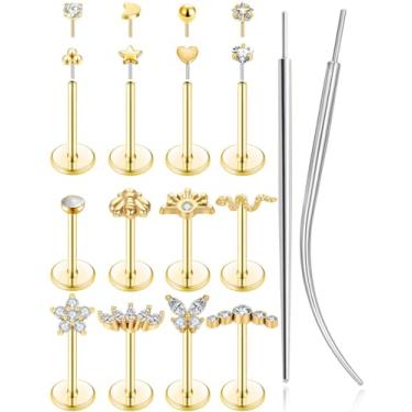 Imagem de Tornito Brinco de pressão com enchimento de ouro 14 quilates e costas planas e sem rosca de aço inoxidável, cartilagem, hélice, concha, tragus, lábio, labret, piercing de narina, para mulheres, 6 mm