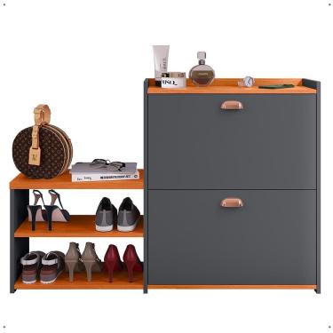 Imagem de Sapateira Hall Entrada 2 Gaveta Basculante Puxador Concha Banco Prateleira Porta Sapatos Sala Quarto Retrô Milano - RPM  