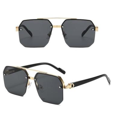 Imagem de JRLLFD Óculos de sol masculinos de metal, meia armação, estilo Rice Nails, casual, retrô, esportivo, para atividades ao ar livre (dourado e preto)