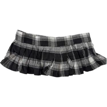 Imagem de Saia feminina sexy – Mini lingerie xadrez cintura ajustável, roupa de encenação impertinente para mulheres, tamanhos grandes e regulares, Cinza e rosa, One Size Short, Três dobras