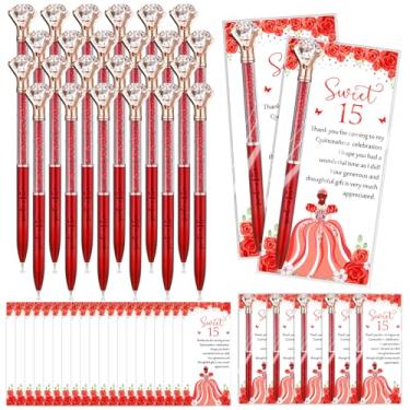 Imagem de Sayglossy 50 conjuntos de lembrancinhas de festa de quinze anos, presentes de agradecimento, grandes canetas de diamante de cristal com cartões de agradecimento, canetas esferográficas retráteis, 15