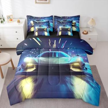 Imagem de Erosebridal Jogo de cama solteiro com 7 peças, carro de corrida, velocidade fria, conjunto de cama utomobile para esportes radicais com lençol de crianças, meninos, meninas e adolescentes