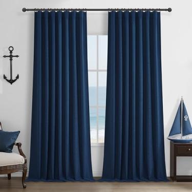 Imagem de Cortinas blecaute azul marinho de 250 cm de comprimento para quartos de meninos / quarto, cortinas plissadas do chão ao teto, com ganchos, cortina costeira térmica de linho azul escuro Burg 127 cm L L