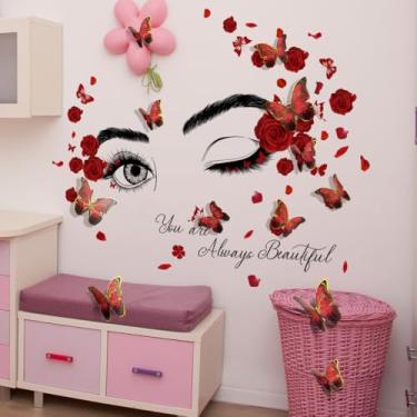 Imagem de Boodecal Decalque de parede borboleta 3D série grande olho vermelho salão de beleza rosa flores quarto casa decalques adesivos à prova d'água e removível (vermelho)