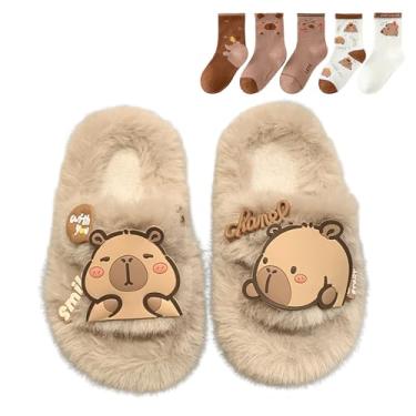 Imagem de Pantufas Capybara para crianças com 5 peças lindas meias de desenho animado sandálias felpudas para uso interno e externo, Caqui, 9-10 Toddler