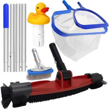 Imagem de katikies Kit de manutenção de piscina 6 em 1 com mastro - redes de escumadeira, escovas e dispensador de cloro para facilitar a limpeza da piscina