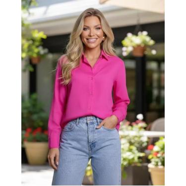 Imagem de Camisa Social Lisa Feminina Manga Longa De Botão Sem Bolso Fresca Leve