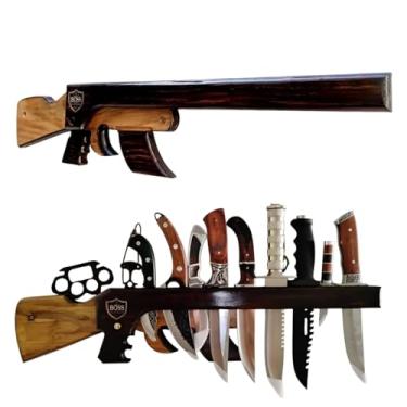 Imagem de Suporte de Facas de Parede em Madeira, Modelo Rifle AK47, Decorativo, Marrom e Preto, para Cozinha