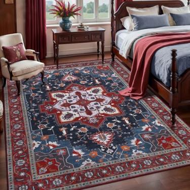 Imagem de Tangsoo Tapete vermelho oriental 10 x 15 lavável vintage, antiderrapante, tapete envelhecido para sala de estar, sala de jantar, tapetes macios de pelo baixo, boho, piso dobrável para quarto