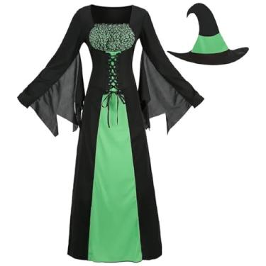 Imagem de AGCOAH Womens Witches Costume Wicked Witch of the West Dress Adult Evil Sorceress Outfits with Hats Halloween Dress Up Cosplay Black and Green 2XL