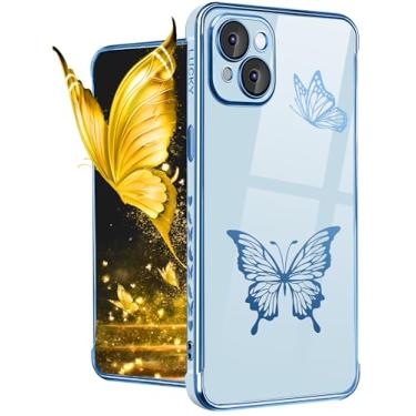 Imagem de Petitian Capa para iPhone 14, capas de telefone lindas para mulheres e meninas com borboletas douradas para iPhone 14, capa de telefone feminina banhada a ouro para 14 com proteção de câmera Sierra Blue