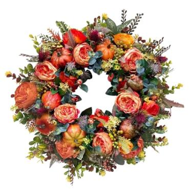 Imagem de KiBcsLic Guirlanda de outono de Halloween, guirlanda de colheita para porta da frente, decoração de flores artificiais multiuso e resistente, feita à mão para, 50 Centímetros