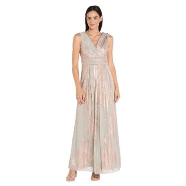Imagem de R&M Richards Vestido formal feminino plissado metálico com decote sobrepeliz, cintura de strass e costas em V, Rosa/ouro, 52