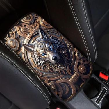 Imagem de Finagallathe Capa de apoio de braço com estampa de lobo para carro, antiderrapante, decorativa para console central, à prova de arranhões, capa protetora de caixa de apoio de braço de carro