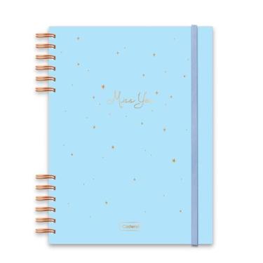 Imagem de Caderno Colegial Criativo Cadersil Com Elástico e Wire-o Estampa Miss You Azul – 80 Folhas – Capa Dura com Hot Stamping Dourado – Ideal para Anotações Criativas e do Dia a Dia