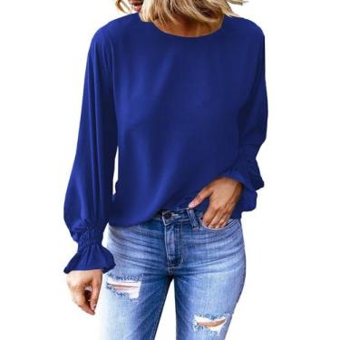 Imagem de Blusa Dokotoo Fashion Fall Ruffle Manga em Sino azul para mulheres
