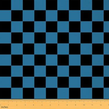 Imagem de Tecido quadriculado adolescente mulheres homens azul preto xadrez tecido estofado para cadeiras sofá sofá fofo retrô neutro quadriculado geométrico vintage para projetos de casa DIY, poliéster