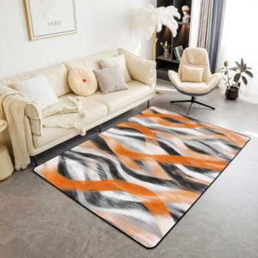 Imagem de Erosebridal Tapete de área com listras geométricas, 1,52 m x 1,28 m, moderno, abstrato, cinza, preto, laranja, tapete interno para crianças, adultos, geometria, redemoinho, linhas, decoração de quarto