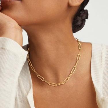 Imagem de Colar gargantilha de ouro com clipe de papel para mulheres, banhado a ouro 14 K, colar delicado com corrente de ouro, Medium, Latão, Sem Pedra Preciosa