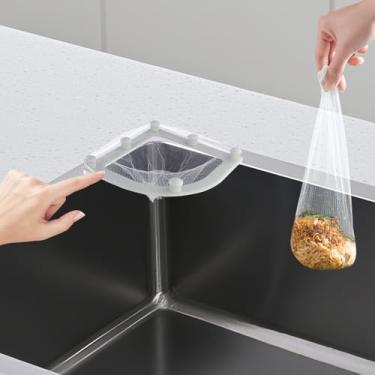 Imagem de Suporte coletor de alimentos para pia de cozinha com 30 sacos de malha de filtragem de tamanho grande, coador de pia de canto com ventosa de plástico para a maioria dos tamanhos de pia de cozinha para