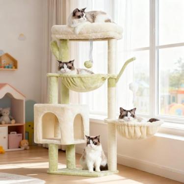 Imagem de Heybly Árvore para gatos, condomínio de torre de cactos de 100 cm com poste para arranhar, torre de gato para gatos internos, mastro de sisal totalmente embrulhado, plataforma macia, 2 cestas e