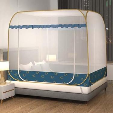 Imagem de Rede de Mosquiteiro Yurt Dupla para Cama – Proteção Anti-Mosquito, Sem Instalação, Fibra de Poliéster com Suporte de Aço Inoxidável(1.8米寬*2.0米長【全底防摔】,雙門【深藍鯨魚】方頂加大)